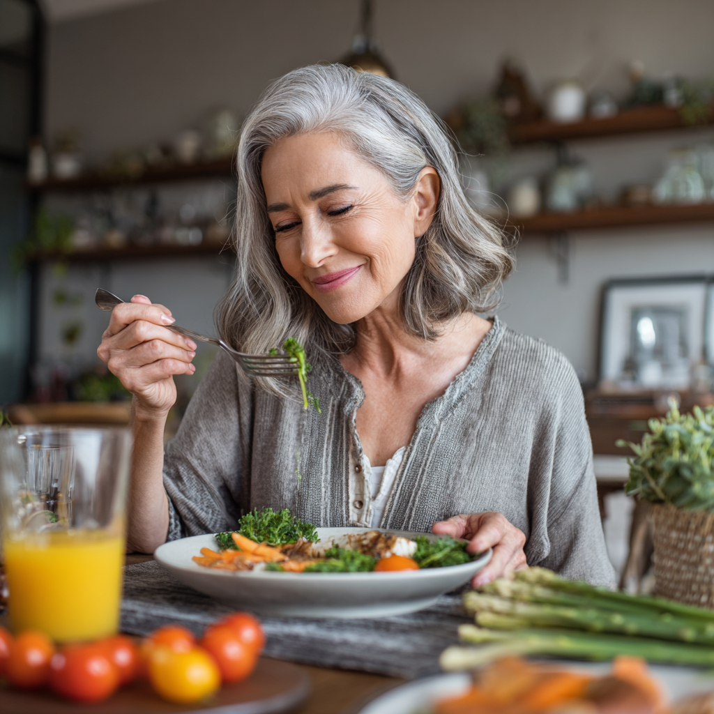 Mature woman enjoying healthy balanced meal with vegetables and proteins