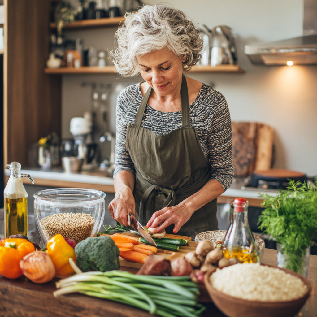Middle-aged woman preparing healthy meal with fresh vegetables and grains