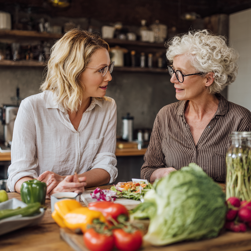 Senior nutritionist consulting with middle-aged client about healthy meal planning